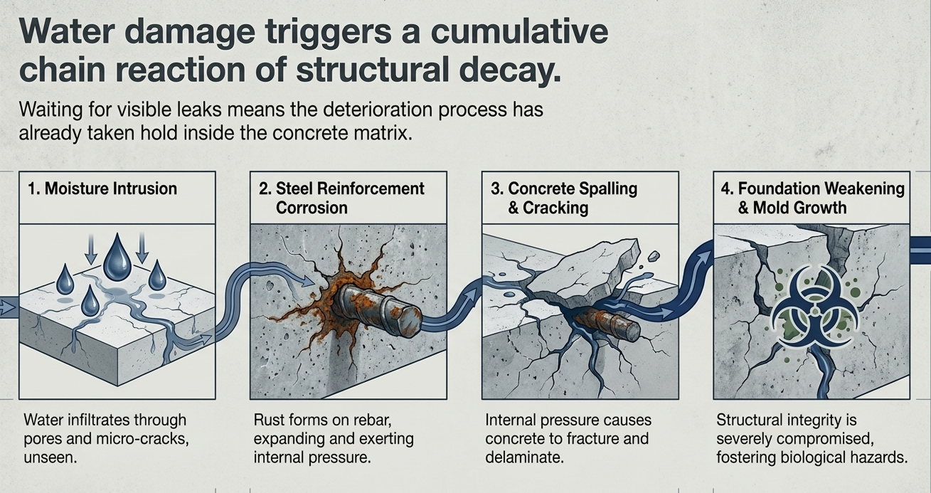 Infographic showing how water damage in concrete progresses from moisture intrusion to steel corrosion, cracking, and eventual structural weakening with mold growth.